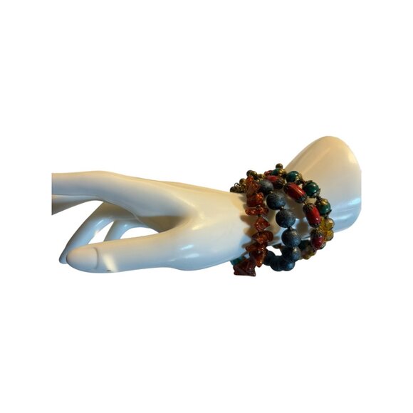 Colorful Multicolor Beaded Elastic Bracelet Set With Turquoise Red Amber & Yello - Picture 2 of 13